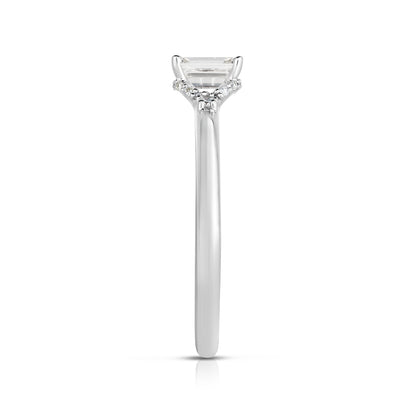 Natural 5/8 ct. tw. Emerald Cut Diamond Hidden Halo Engagement Ring in 14K White Gold close-up detail