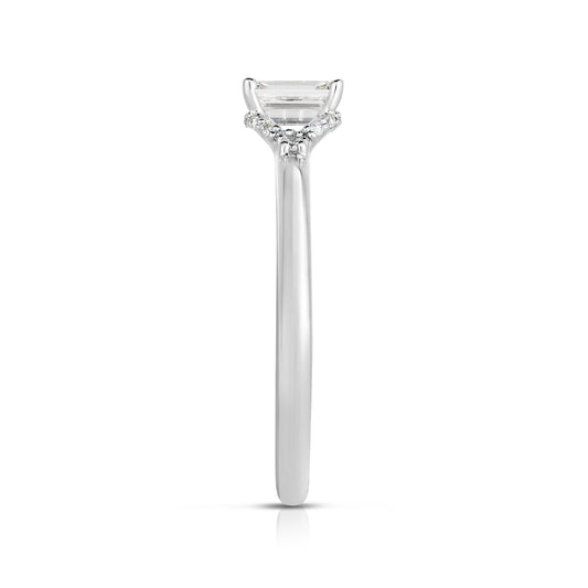 Natural 5/8 ct. tw. Emerald Cut Diamond Hidden Halo Engagement Ring in 14K White Gold close-up detail