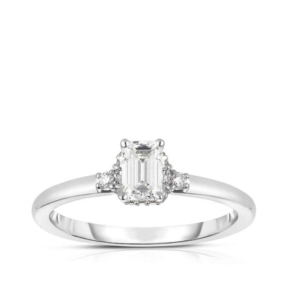 Natural 5/8 ct. tw. Emerald Cut Diamond Hidden Halo Engagement Ring in 14K White Gold