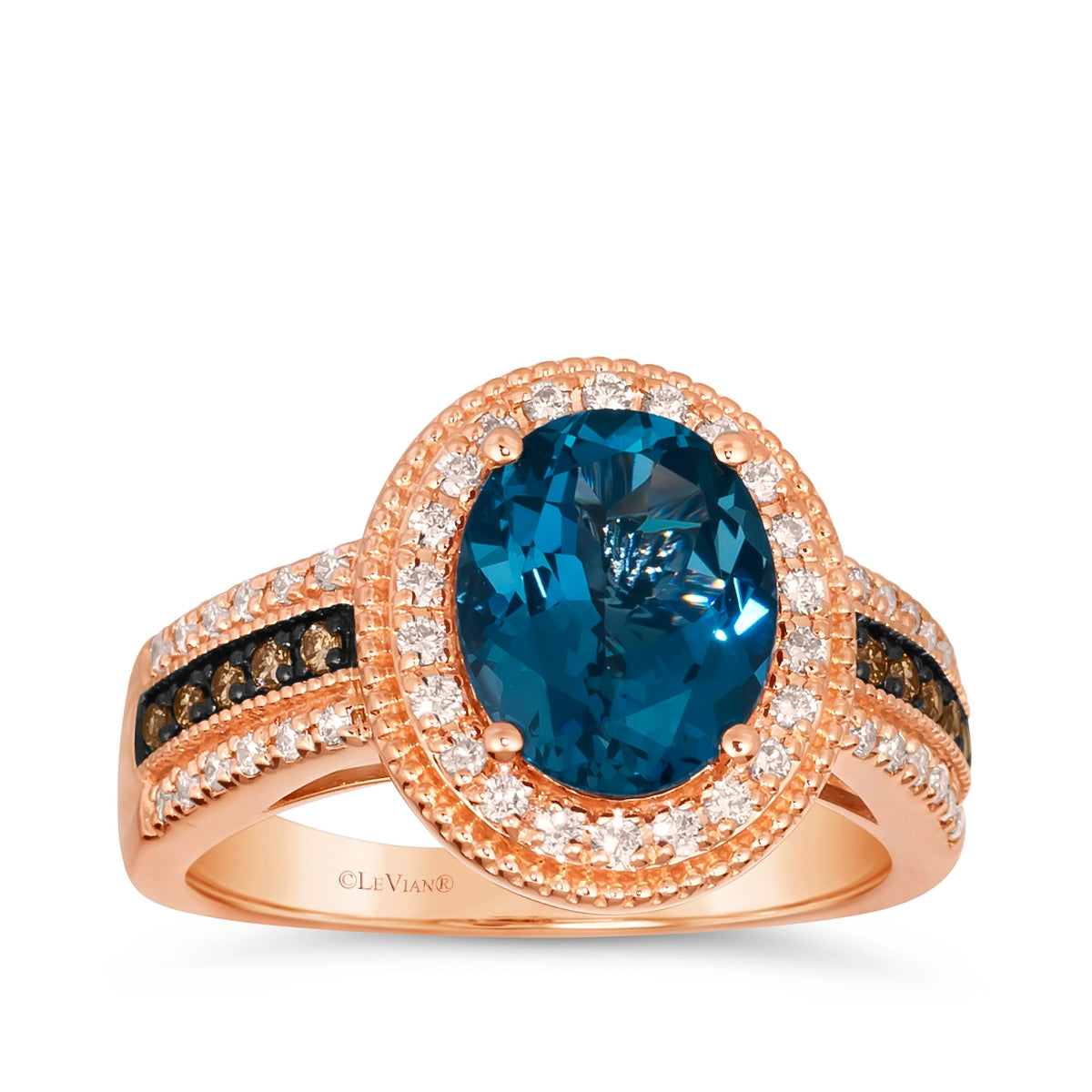 Le Vian Oval Deep Sea Blue Topaz & 1/3 ct. tw. Chocolate & Vanilla Diamond Halo Ring in 14K Strawberry Gold