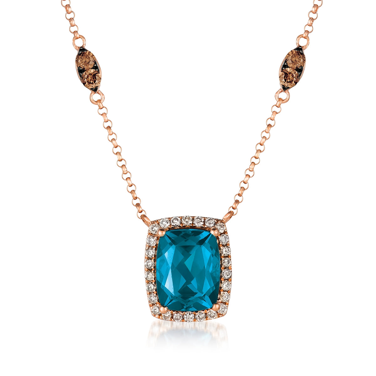 Le Vian Cushion Deep Sea Blue Topaz & 5/8 ct. tw. Nude & Chocolate Diamond Halo Necklace in 14K Strawberry Gold
