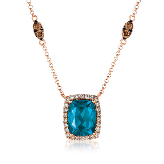 Le Vian Cushion Deep Sea Blue Topaz & 5/8 ct. tw. Nude & Chocolate Diamond Halo Necklace in 14K Strawberry Gold