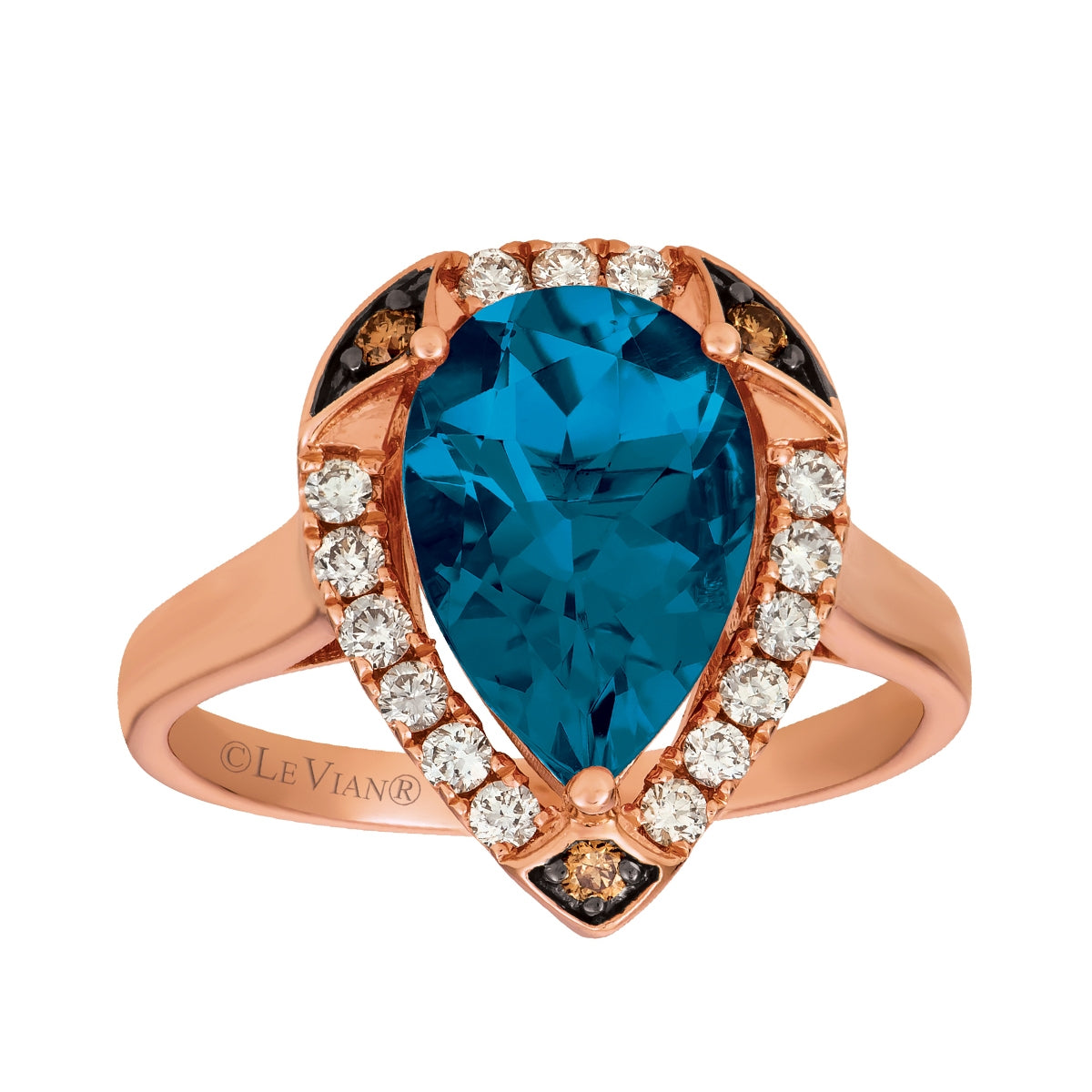 Le Vian Pear Deep Sea Blue Topaz & 1/3 ct. tw. Nude & Chocolate Diamond Halo Ring in 14K Strawberry Gold
