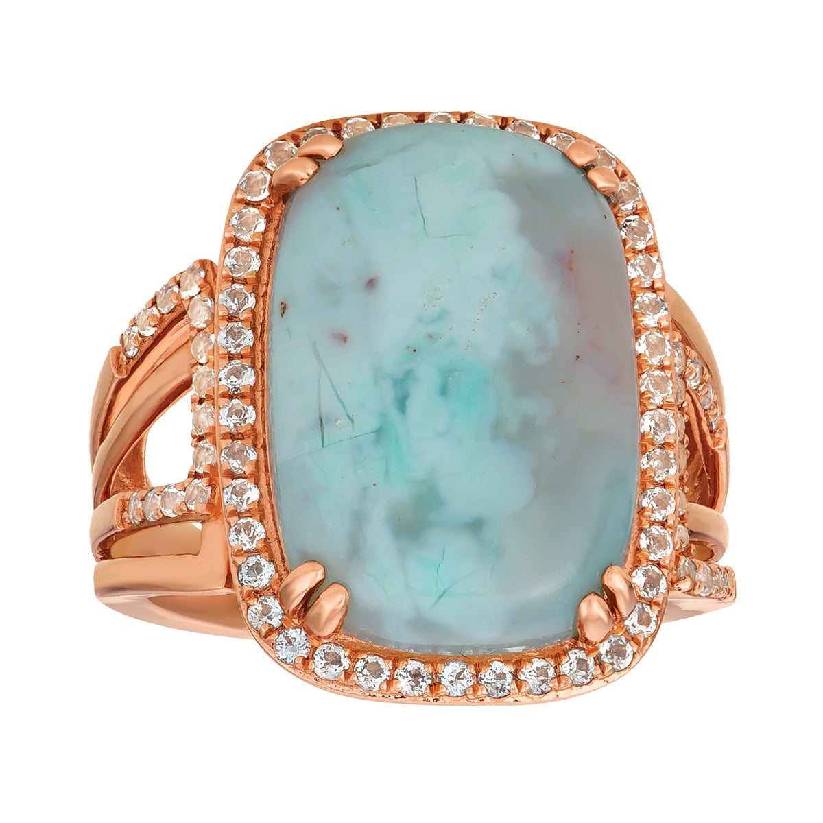 Le Vian Cushion Peacock Aquaprase & Vanilla Topaz Halo Ring in 14K Strawberry Gold