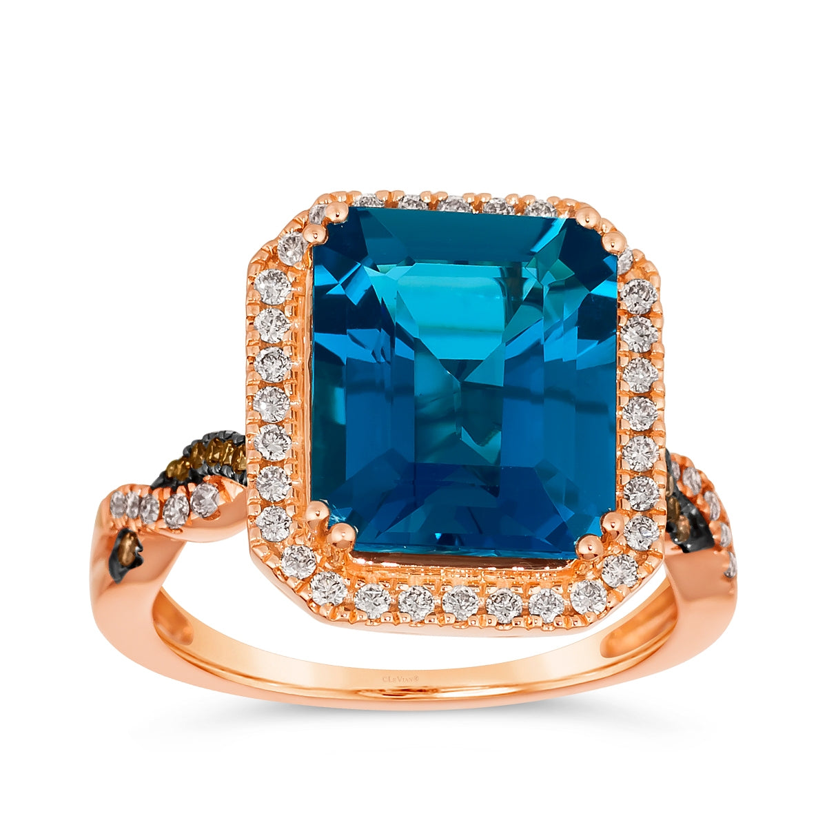 Le Vian Emerald Cut Deep Sea Blue Topaz & 3/8 ct. tw. Chocolate & Nude Diamond Ring in 14K Strawberry Gold