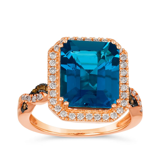 Le Vian Emerald Cut Deep Sea Blue Topaz & 3/8 ct. tw. Chocolate & Nude Diamond Ring in 14K Strawberry Gold