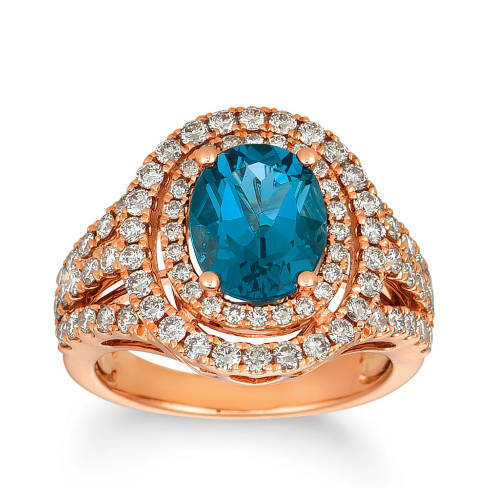 Le Vian Oval Deep Sea Blue Topaz & 1-1/6 ct. tw. Diamond Double Halo Ring in 14K Strawberry Gold