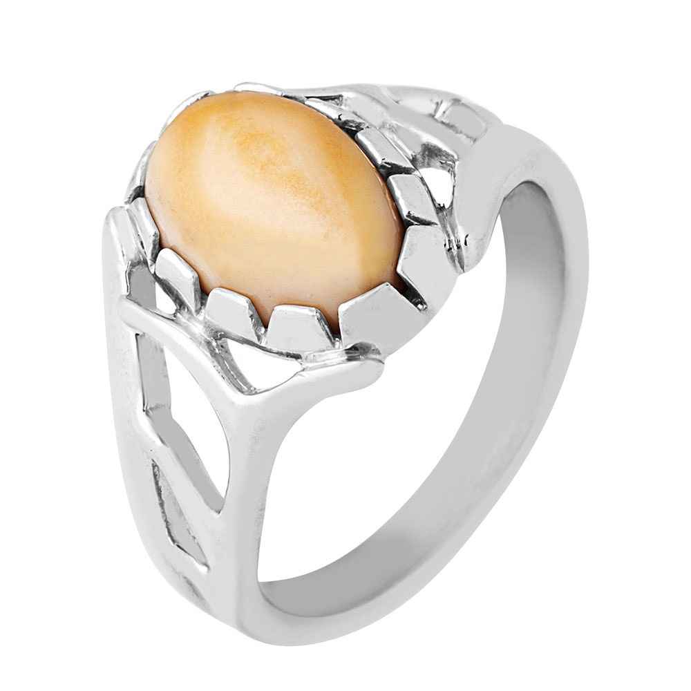 Ladies' Elk Ivory Cabochon Cut Ring in Sterling Silver close-up detail