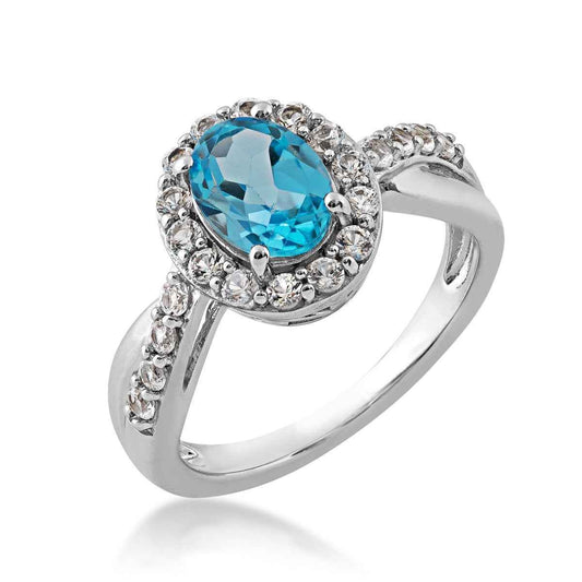 Oval Swiss Blue Topaz and Created White Sapphire Halo Ring in Sterling Silver front view