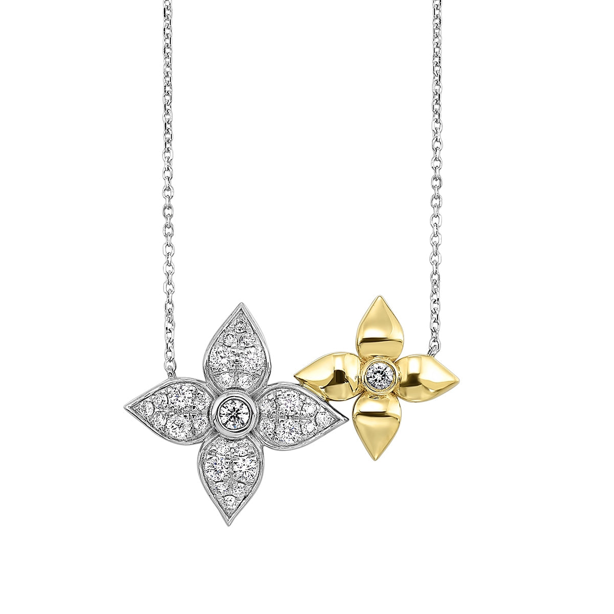 Passion 1/2 ct. tw. Diamond Double Flower Necklace in 14K White & Yellow Gold