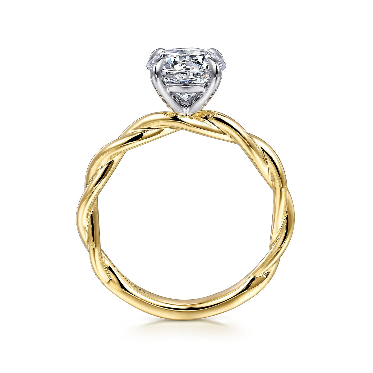 Gabriel & Co. Round Solitaire Twist Semi-Mount Engagement Ring in 14K Yellow Gold close-up detail