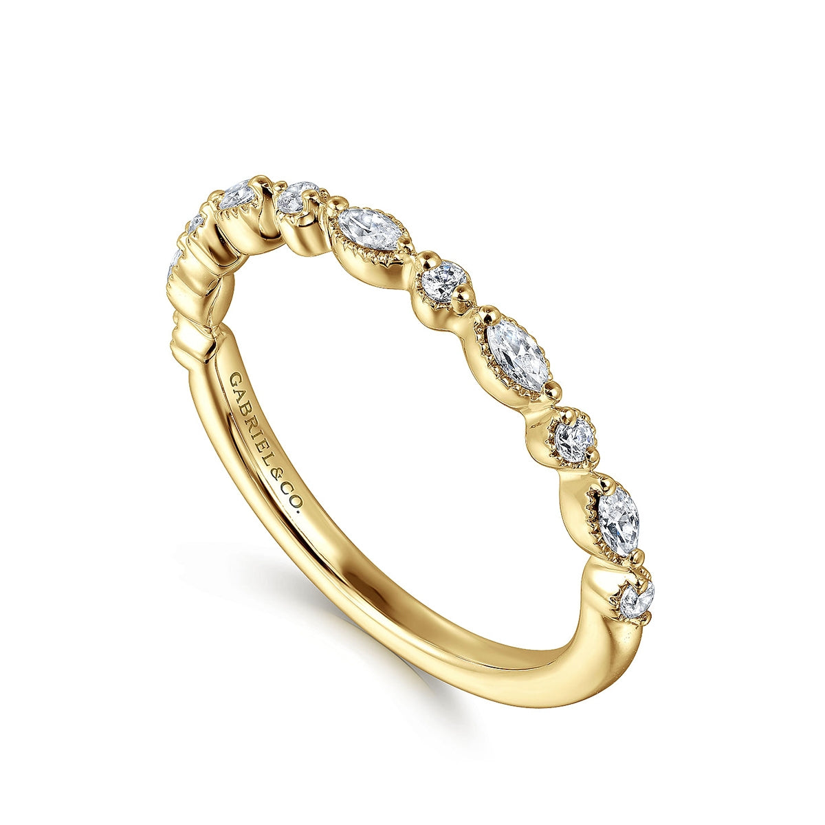 Gabriel & Co. 1/4 ct. tw. Marquise & Round Diamond Wedding Ring in 14K Yellow Gold front view