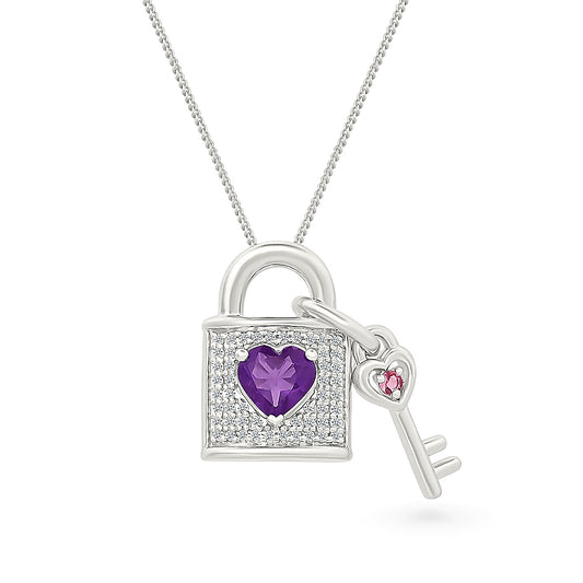 Heart Amethyst & Pink Tourmaline & 1/10 ct. tw. Diamond Lock & Key Pendant in Sterling Silver