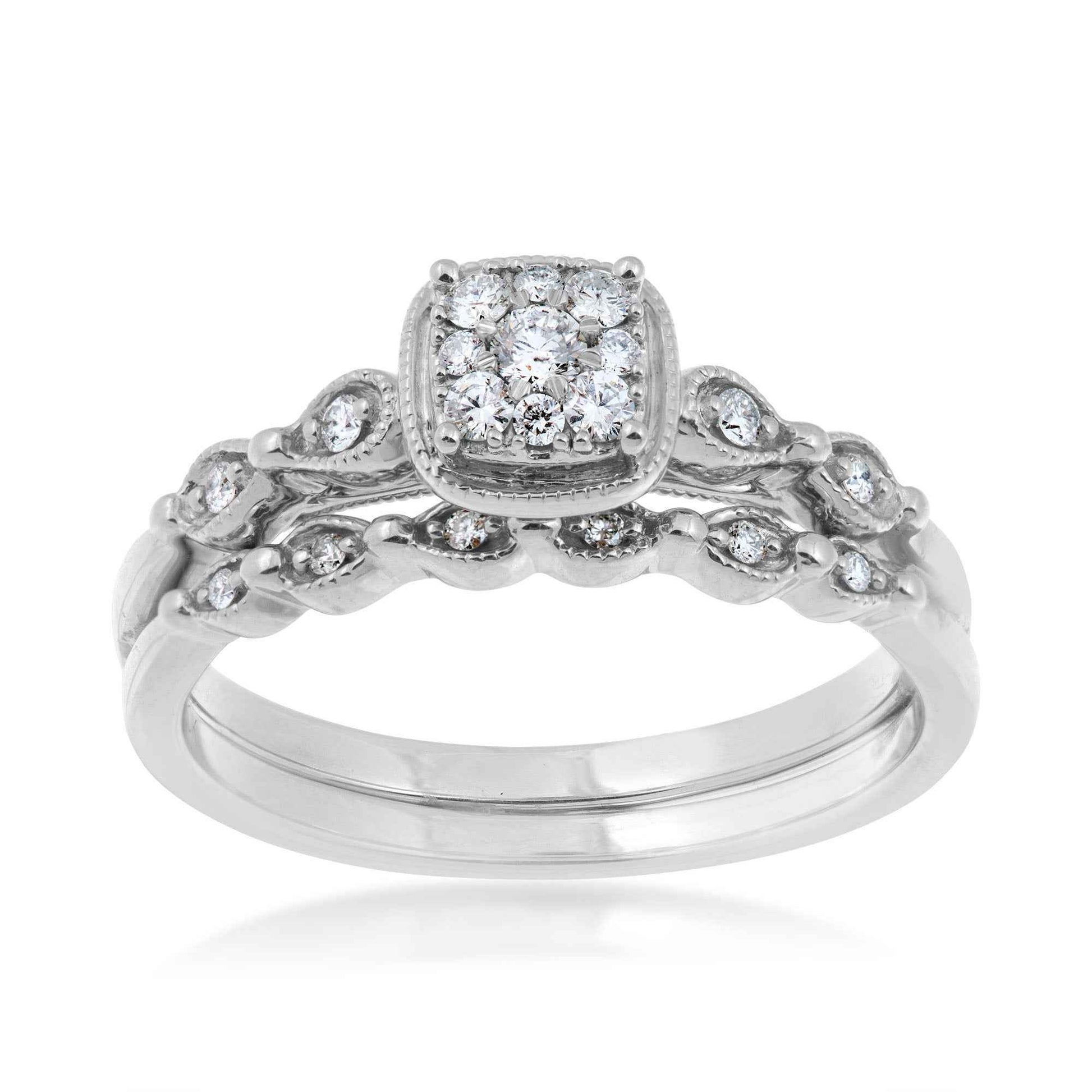 True Promise 1/5 ct. tw. Diamond Cluster Wedding Set with Milgrain Edge Detaling in 10K White Gold