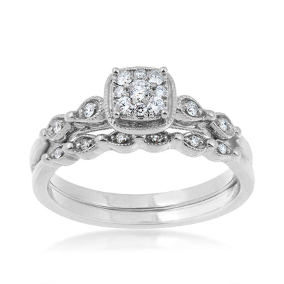 True Promise 1/5 ct. tw. Diamond Cluster Wedding Set with Milgrain Edge Detaling in 10K White Gold