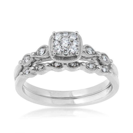 True Promise 1/5 ct. tw. Diamond Cluster Wedding Set with Milgrain Edge Detaling in 10K White Gold