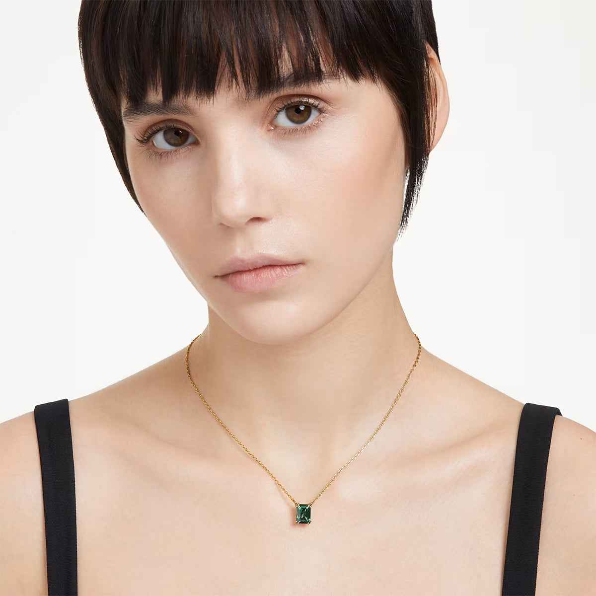 Swarovski Stilla Cushion Green Crystal Necklace in Yellow Gold-Tone Plating close-up detail