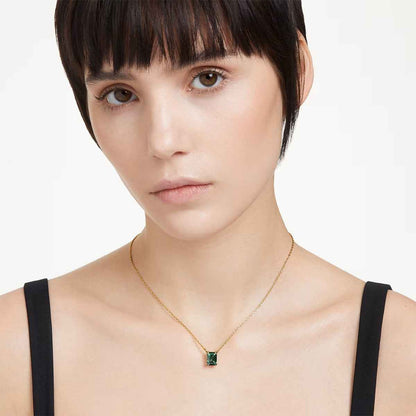 Swarovski Stilla Cushion Green Crystal Necklace in Yellow Gold-Tone Plating close-up detail