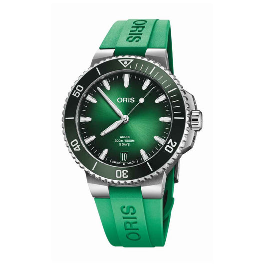 Oris Men's Aquis Date Automatic Stainless Steel Watch with Green Dial & Rubber Strap