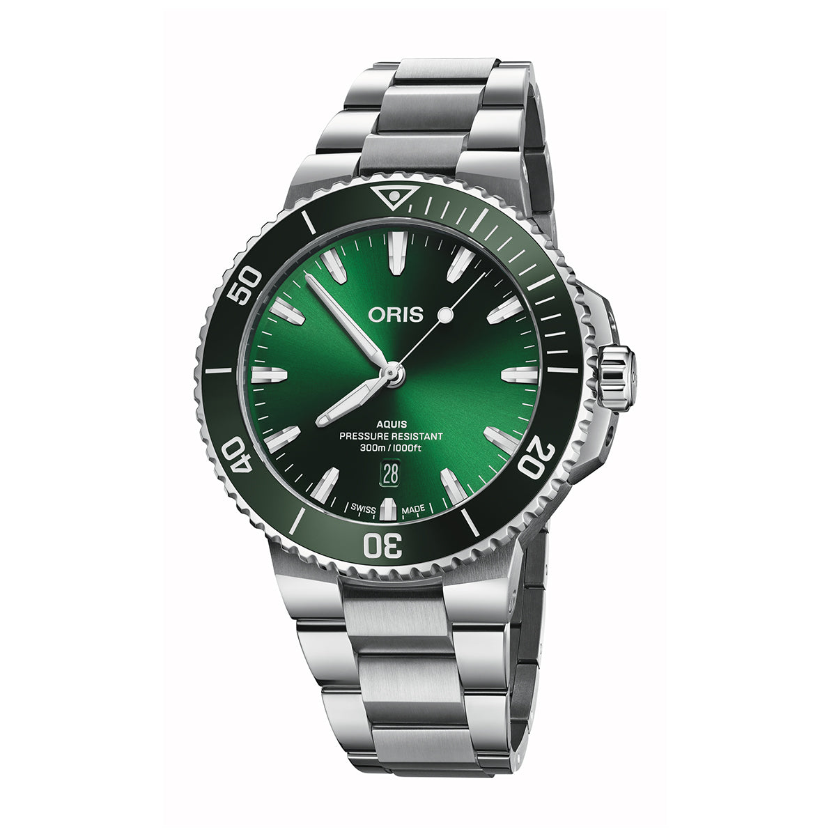 aquis stainless steel automatic oris green dial watch