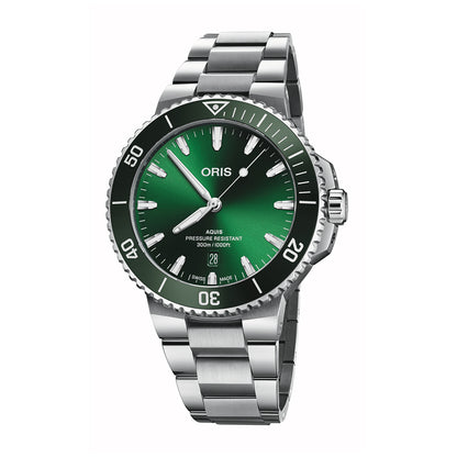 aquis stainless steel automatic oris green dial watch