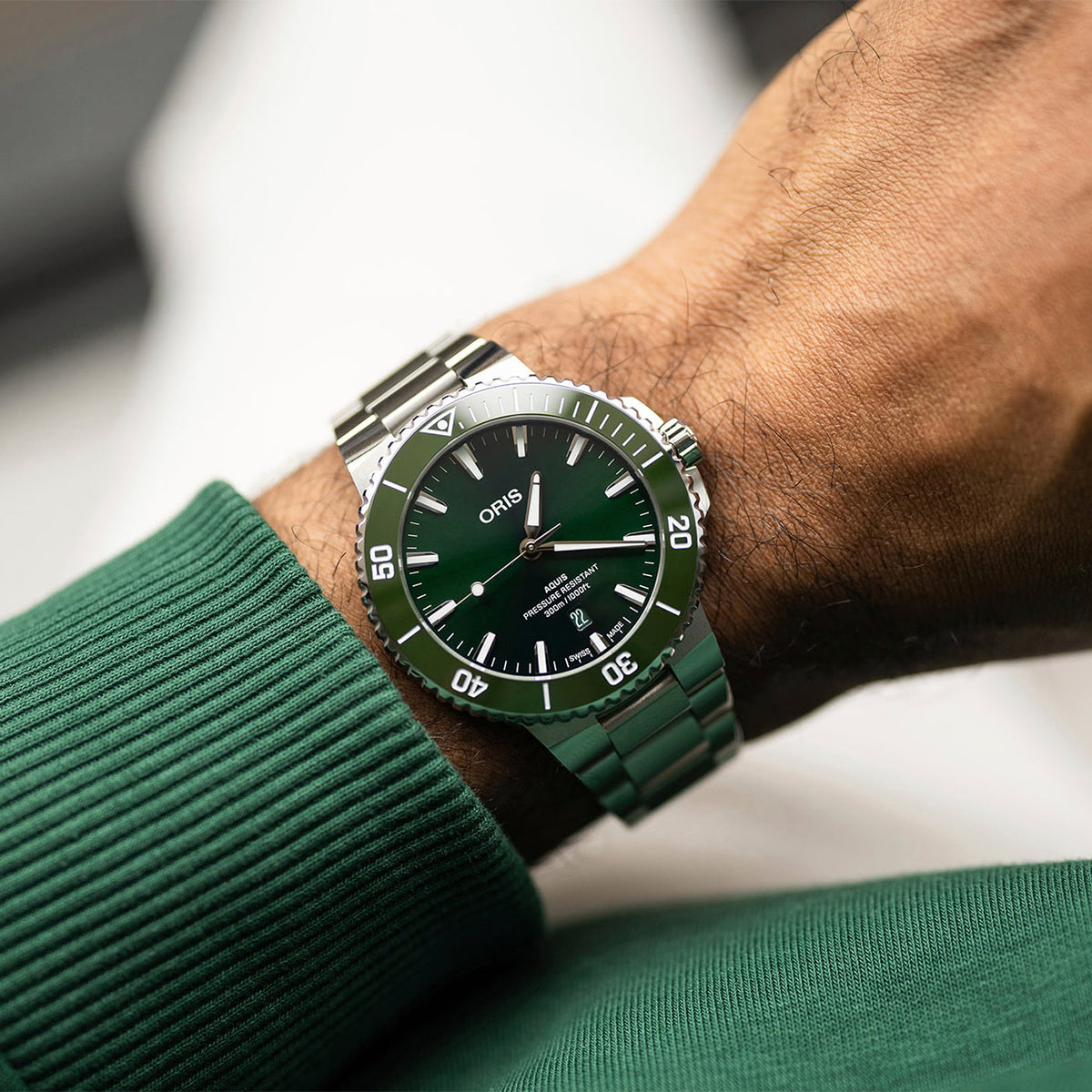 aquis stainless steel automatic oris green dial watch model