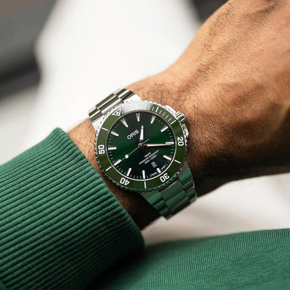 aquis stainless steel automatic oris green dial watch model