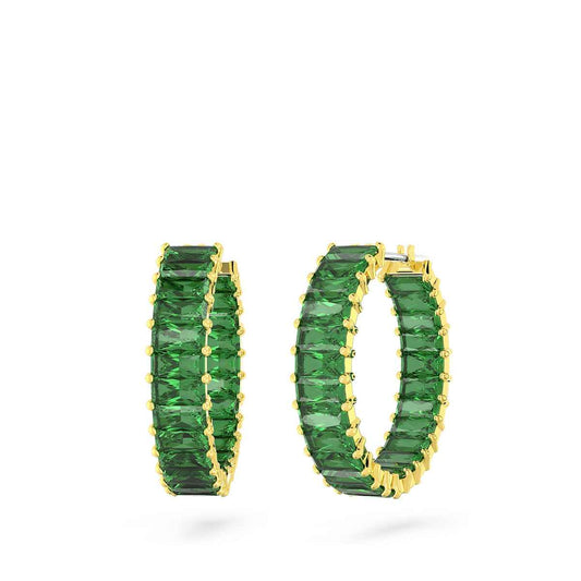 Swarovski Matrix Baguette Green Crystal Hoop Earrings in Yellow Gold-Tone Plating