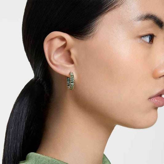 Swarovski Matrix Baguette Green Crystal Hoop Earrings in Yellow Gold-Tone Plating front view