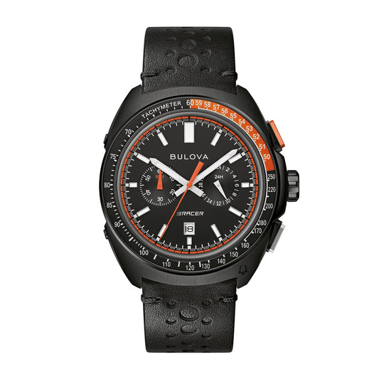 Bulova Men's Racer Chronograph Quartz Black Stainless Steel Watch with Black Dial & Leather Strap