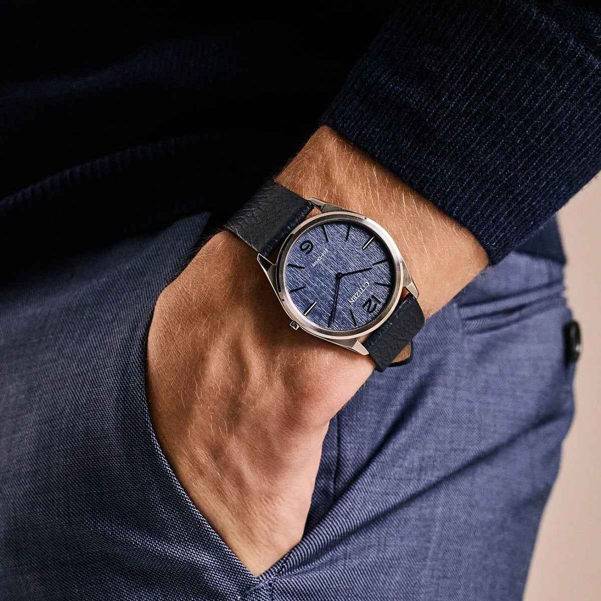 Citizen Men's Suratto Eco-Drive Stainless Steel Watch with Blue Dial & Black Leather Strap