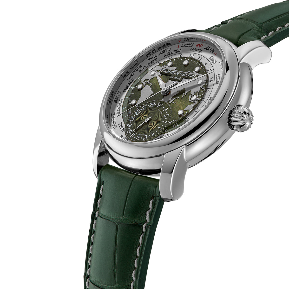 stainless steel men's Frederique Constant automatic watch with green dial and leather strap