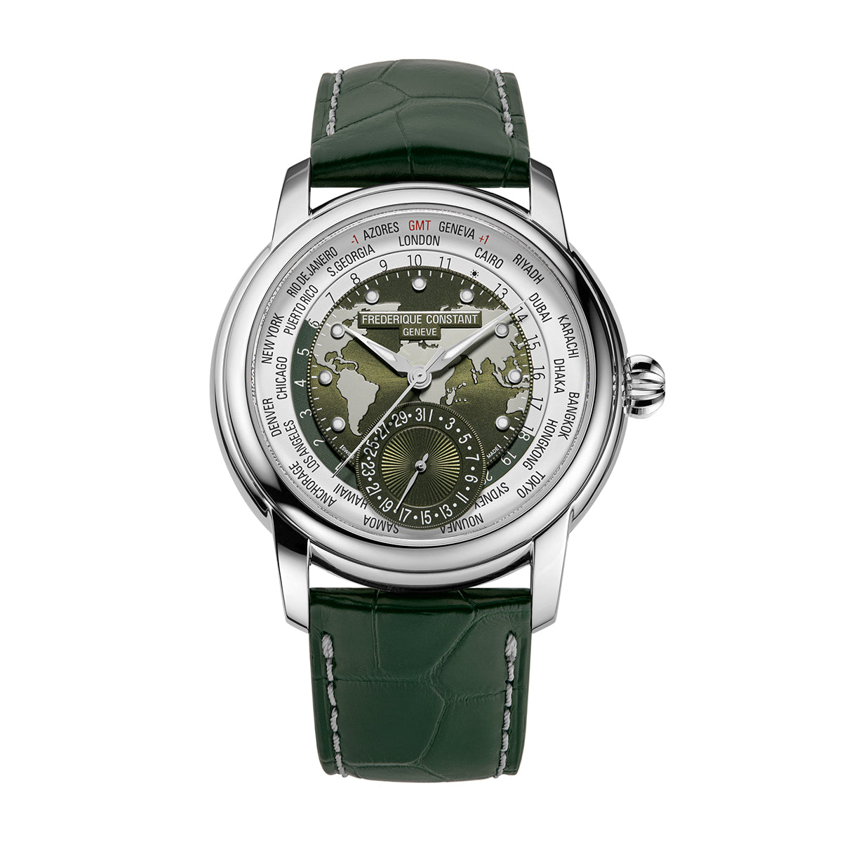 stainless steel men's Frederique Constant automatic watch with green dial and leather strap