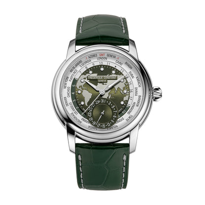 stainless steel men's Frederique Constant automatic watch with green dial and leather strap