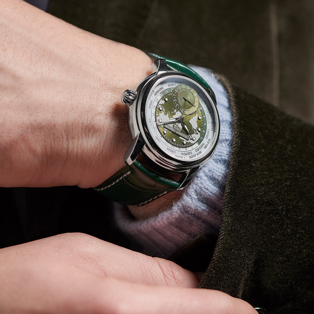 stainless steel men's Frederique Constant automatic watch with green dial and leather strap