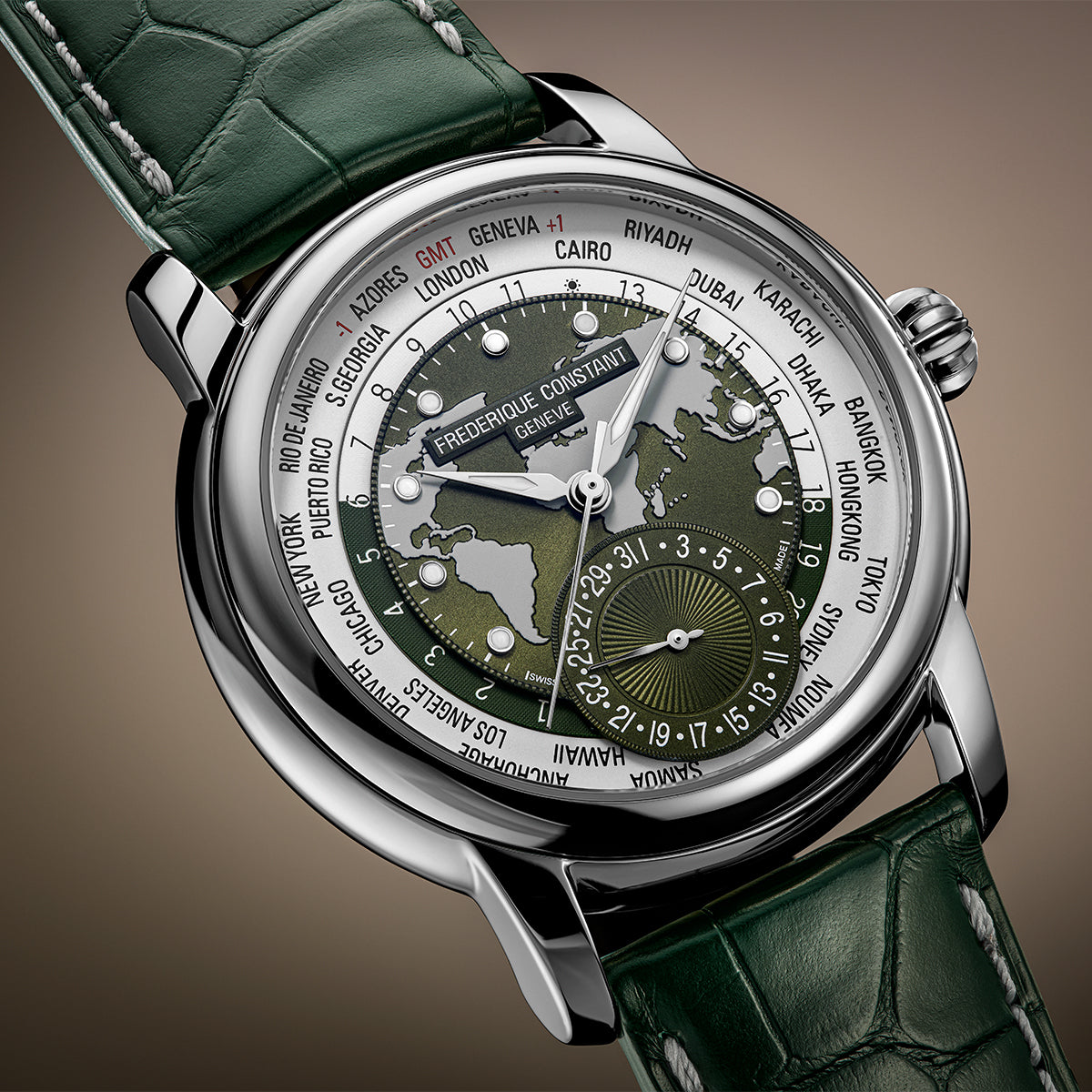 stainless steel men's Frederique Constant automatic watch with green dial and leather strap