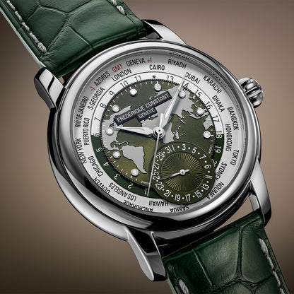 stainless steel men's Frederique Constant automatic watch with green dial and leather strap