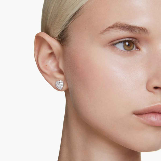 Swarovski White Crystal Heart Earrings in White Rhodium Plating front view