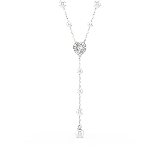Swarovski White Crystal & Pearl Y Necklace in White Rhodium Plating