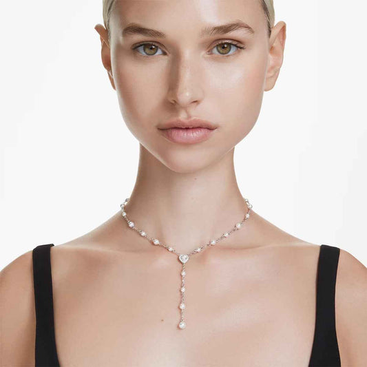 Swarovski White Crystal & Pearl Y Necklace in White Rhodium Plating close-up detail