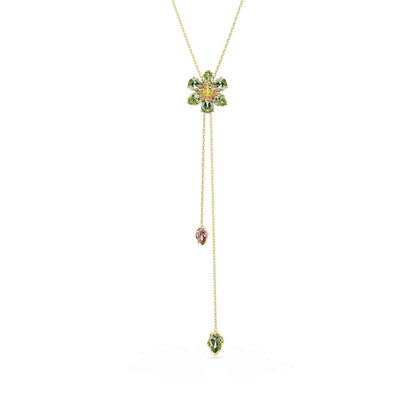 Swarovski Idyllia Green Crystal Flower Y Necklace in Yellow Gold-Tone Plating