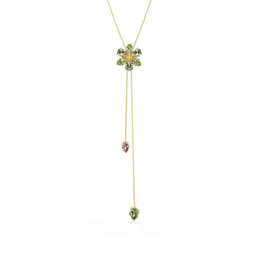 Swarovski Idyllia Green Crystal Flower Y Necklace in Yellow Gold-Tone Plating