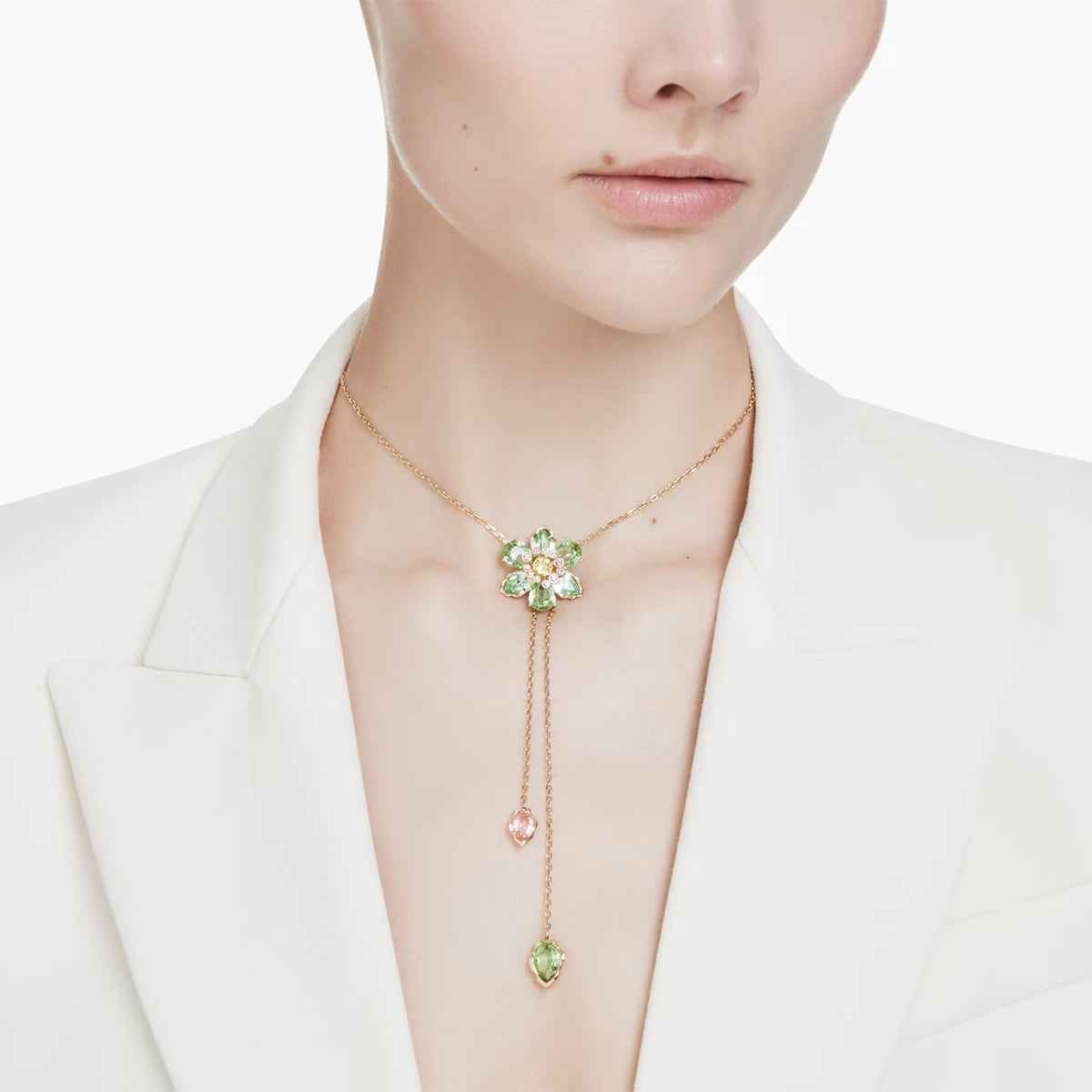 Swarovski Idyllia Green Crystal Flower Y Necklace in Yellow Gold-Tone Plating front view