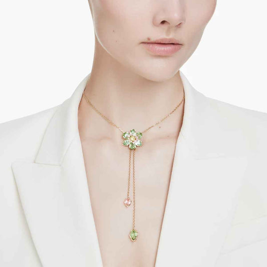 Swarovski Idyllia Green Crystal Flower Y Necklace in Yellow Gold-Tone Plating front view