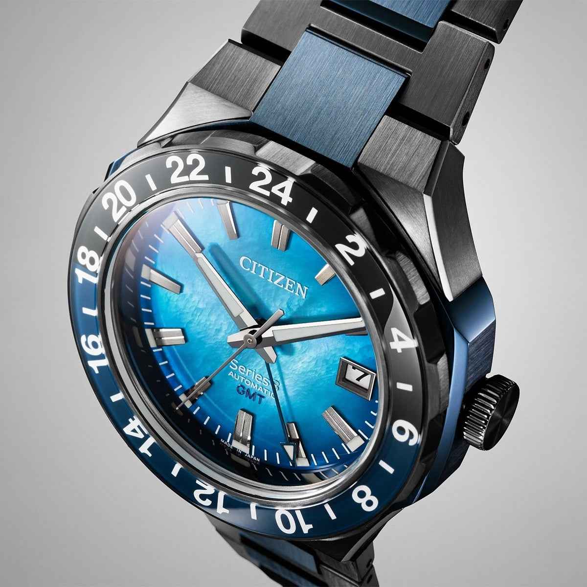 Citizen Men's Series8 880 GMT Automatic Gray & Blue Stainless Steel Watch with Blue Dial