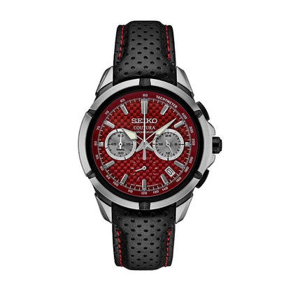 Seiko Men's Coutura Quartz Gray Stainless Steel Watch with Red Dial & Black Leather Strap