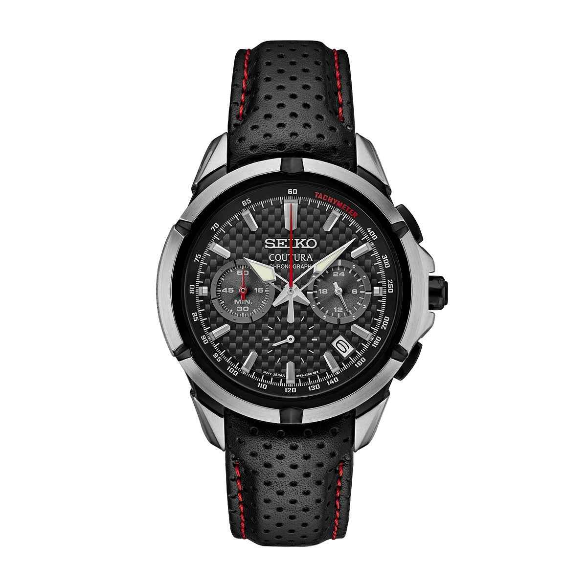 Seiko Men's Coutura Quartz Gray Stainless Steel Watch with Black Dial & Leather Strap