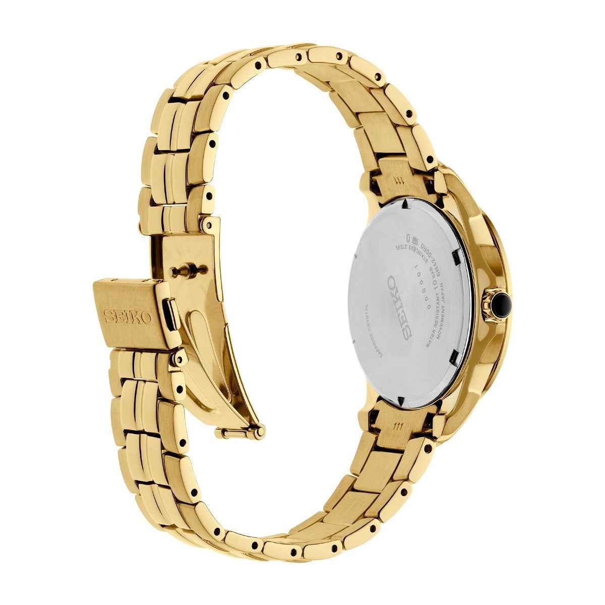 Seiko Ladies' Coutura Quartz Gold-Tone Stainless Steel Watch with Mother of Pearl Dial close-up detail