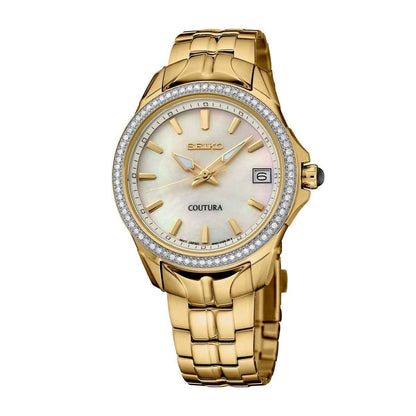 Seiko Ladies' Coutura Quartz Gold-Tone Stainless Steel Watch with Mother of Pearl Dial