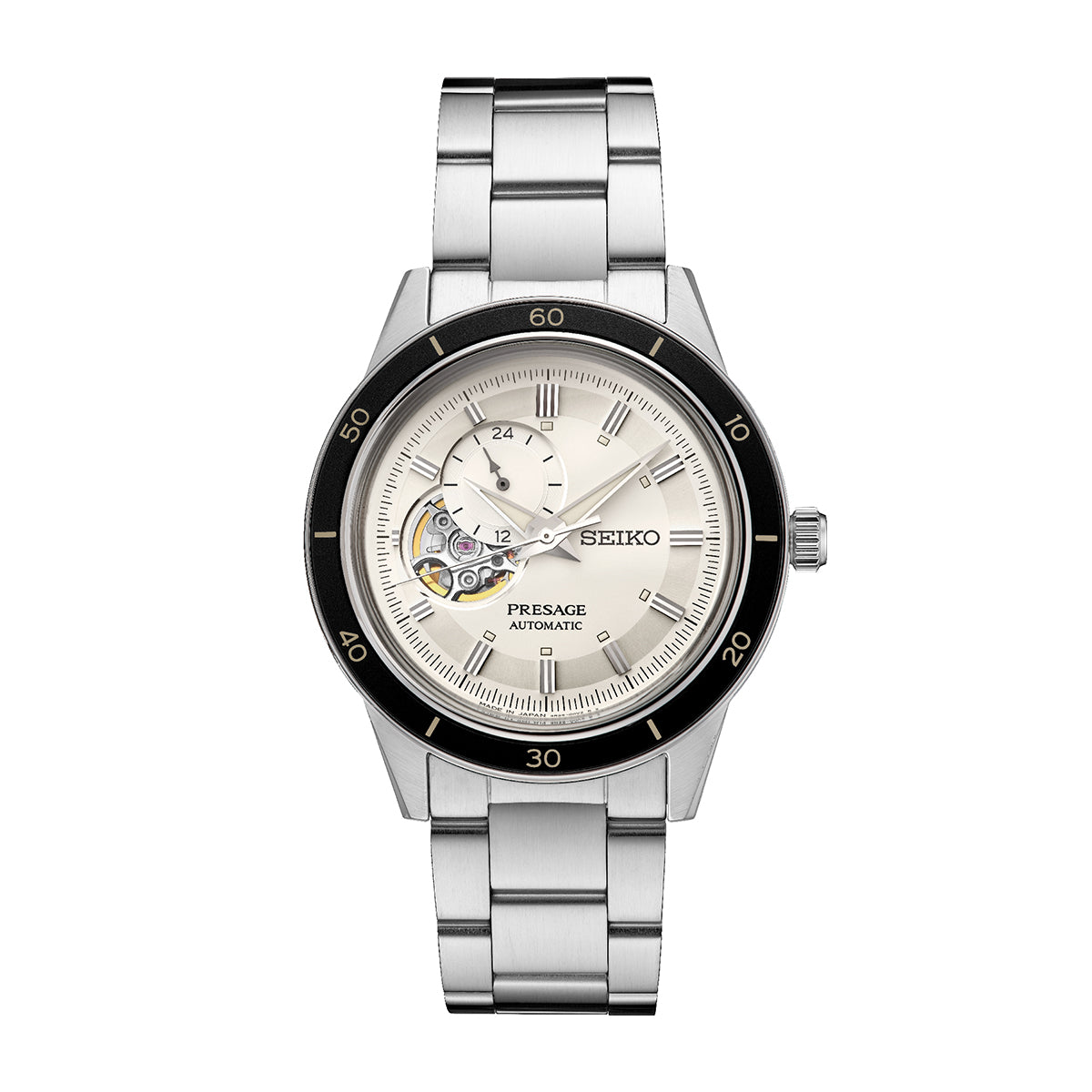 Seiko Presage automatic watch with cream open-heart dial and stainless steel bracelet